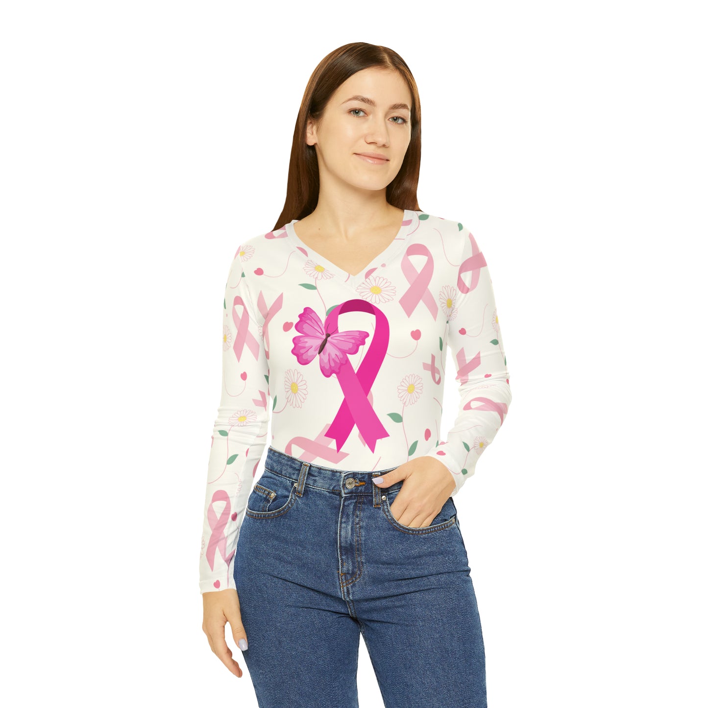 Nobody Fights Alone Breast Cancer Allover Women's Long Sleeve V-neck Shirt