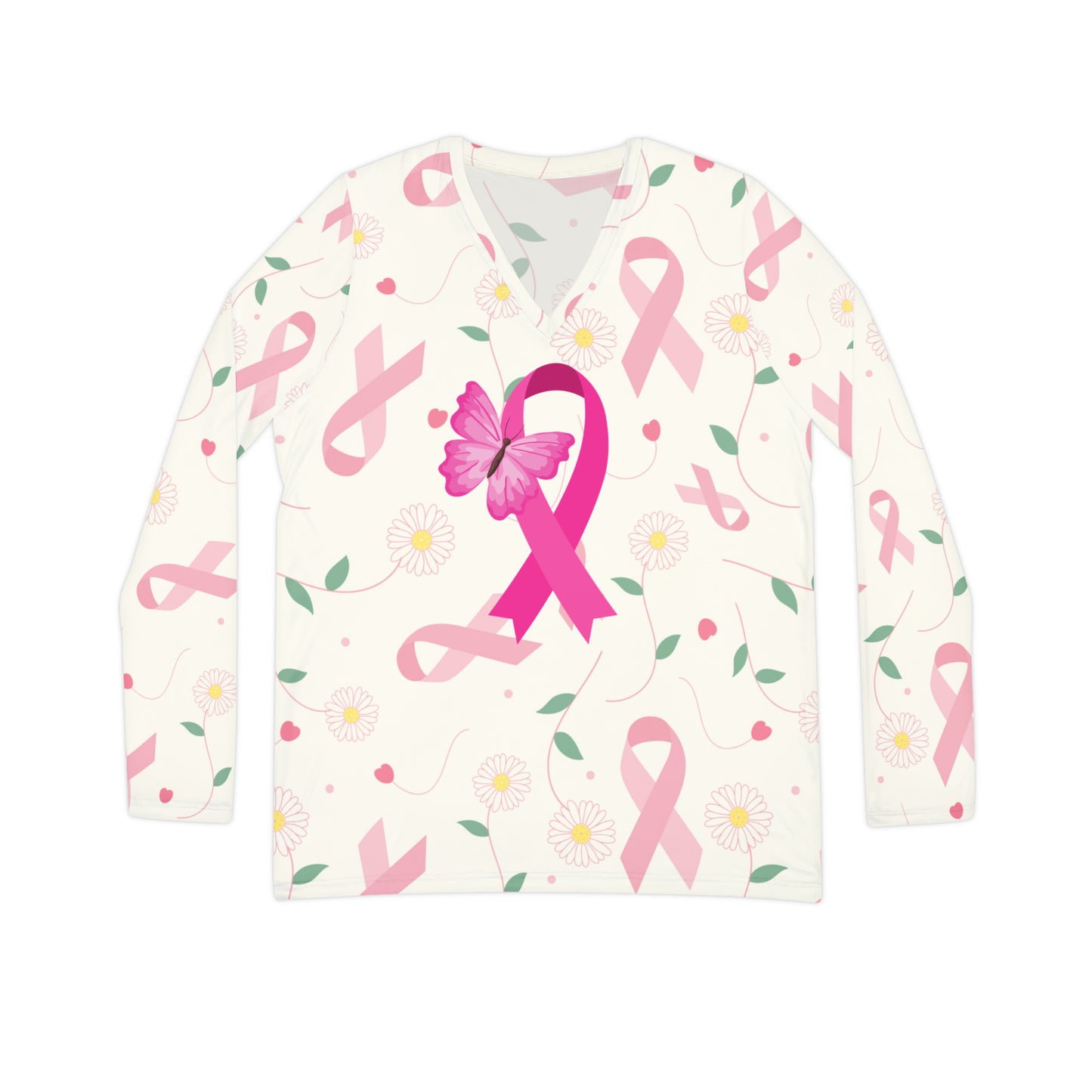 Nobody Fights Alone Breast Cancer Allover Women's Long Sleeve V-neck Shirt